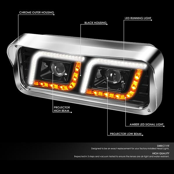 Nuvision Lighting, 81-19 Western Star 4800 Kenworth W900 LED DRL+Turn Signal Projector Headlights - Black