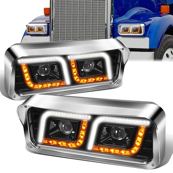 Nuvision Lighting, 81-19 Western Star 4800 Kenworth W900 LED DRL+Turn Signal Projector Headlights - Black