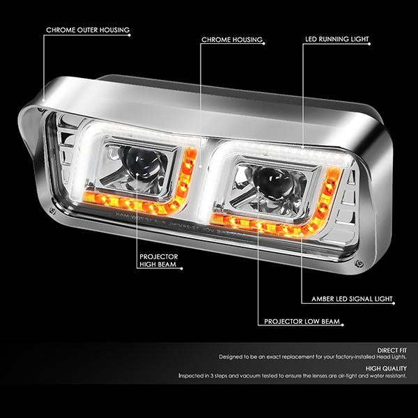 Nuvision Lighting, 81-19 Western Star 4800 Kenworth W900 LED DRL+Turn Signal Projector Headlights - Chrome