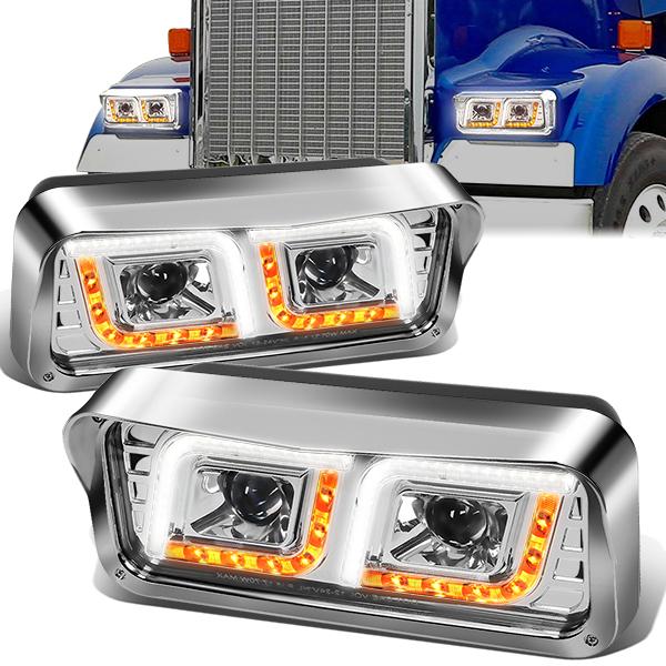 Nuvision Lighting, 81-19 Western Star 4800 Kenworth W900 LED DRL+Turn Signal Projector Headlights - Chrome