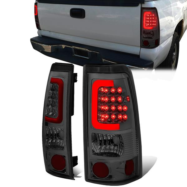 Nuvision Lighting, 99-03 Chevy Silverado GMC Sierra 1500 2500 3500 Red C-Bar LED Tail Lights - Smoked