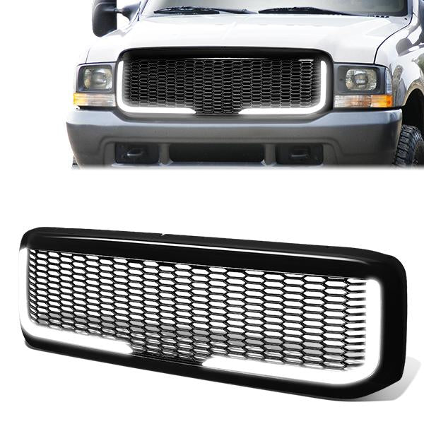 CAAP, 99-04 Ford F250 F350 F450 F550 Super Duty Front Grille+LED Bar - Honeycomb Mesh - Black