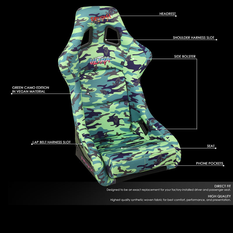 NRG Innovations, Green Camo Vegan Satin Racing Seats w/Mount Bracket - FRP-302-GIJ