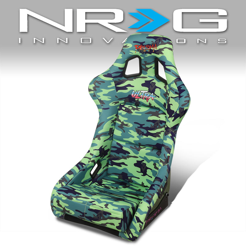 NRG Innovations, Green Camo Vegan Satin Racing Seats w/Mount Bracket - FRP-302-GIJ