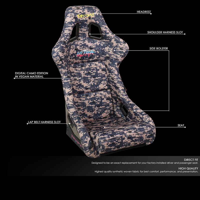 NRG Innovations, Grey Camo Fiberglass Vegan Satin Bucket Racing Seat - FRP-302-STORM