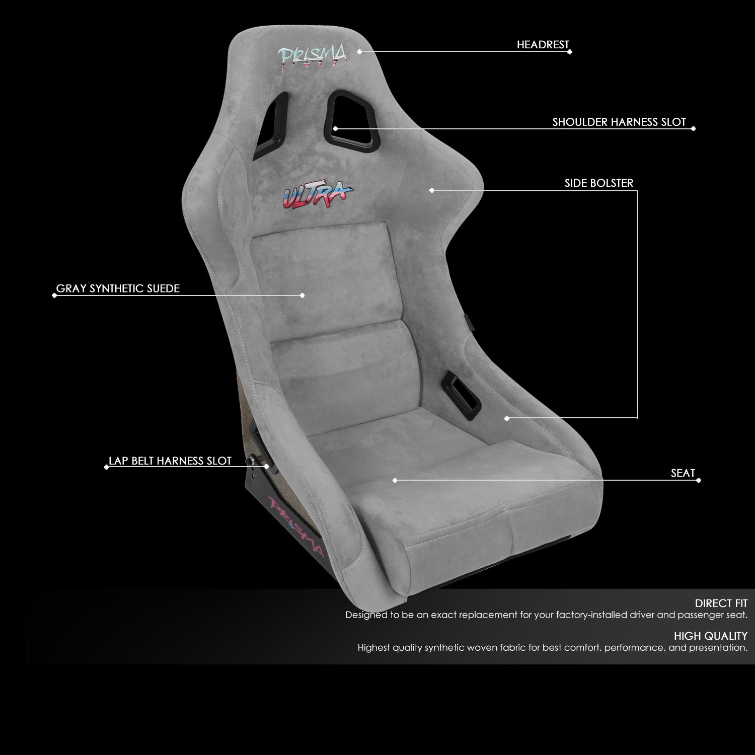 NRG Innovations, Large Size Grey Alcantara Bucket Racing Seats - FRP-302GY-ULTRA