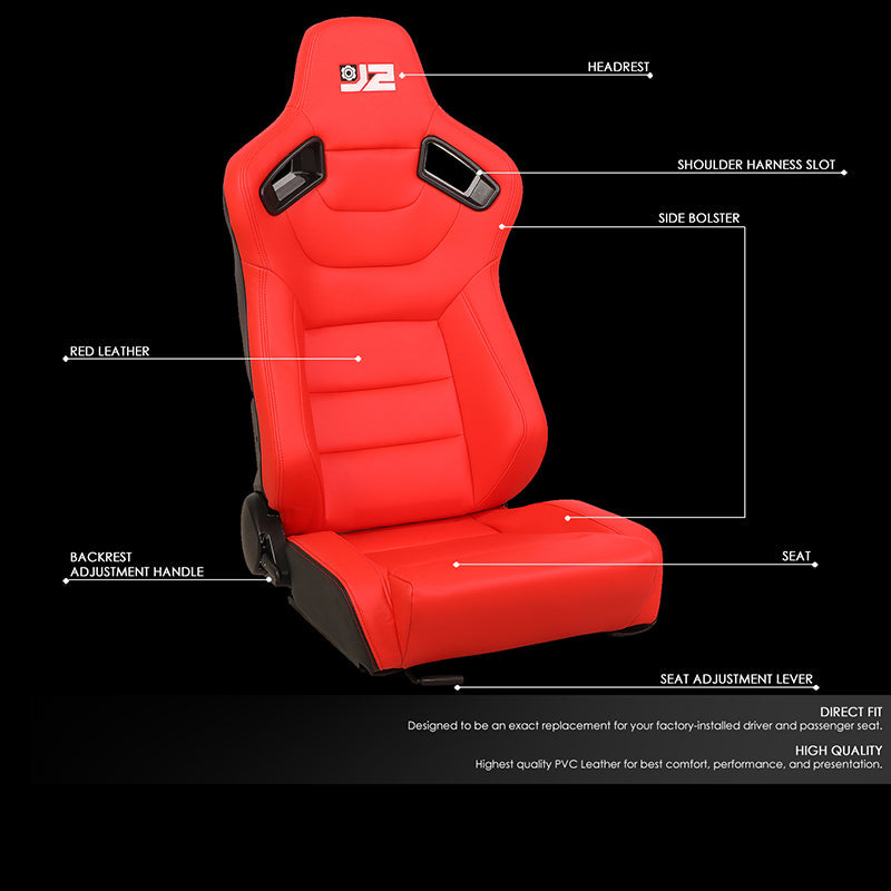 J2 Engineering, Pair Reclinable Synthetic Leather Bucket Racing Seats (38 in. H X 21 in. W X 23 in. D)