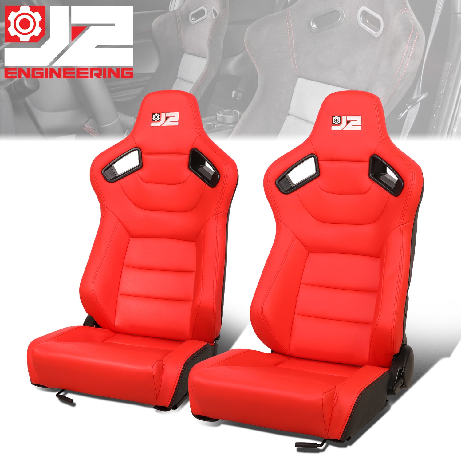 J2 Engineering, Pair Reclinable Synthetic Leather Bucket Racing Seats (38 in. H X 21 in. W X 23 in. D)