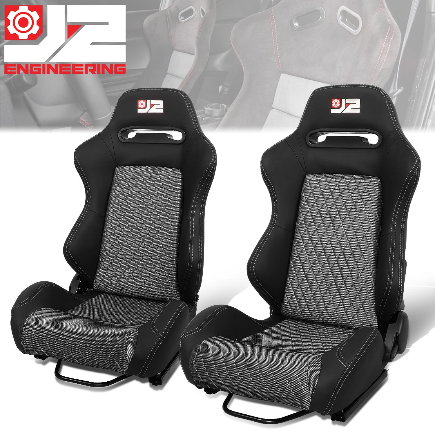 J2 Engineering, Pair of Microfiber Suede Style Fabric Reclinable Racing Seats