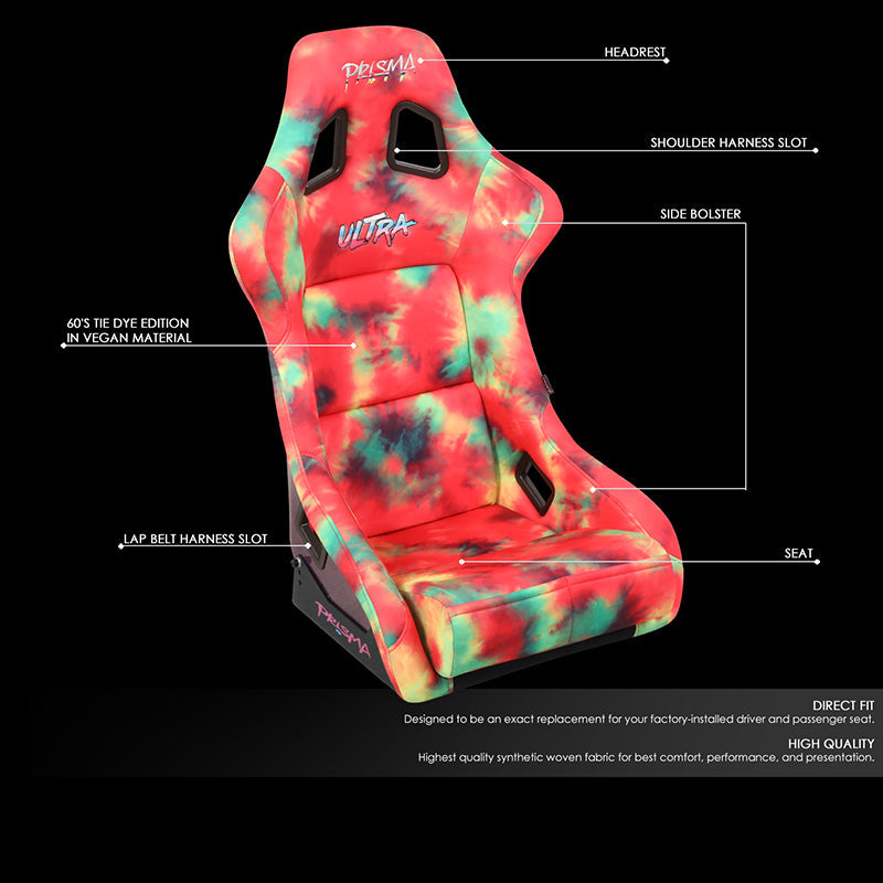 NRG Innovations, Tie Dye Fiberglass Vegan Satin Bucket Racing Seat - FRP-302-TIEDYE