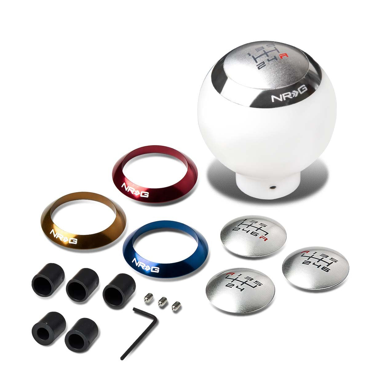 NRG Innovations, Universal 5-Speed MT Aluminum Ball Type Shift Knob w/4 Color Rings - SK-016WH